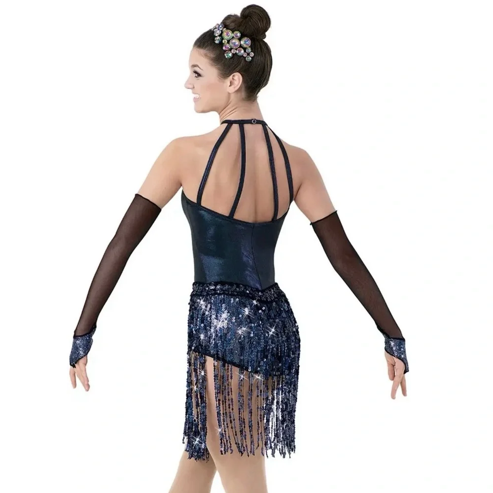 Weissman | Swing Set Sparkling Blue and Black Iridescent Dance Costume, Size LC